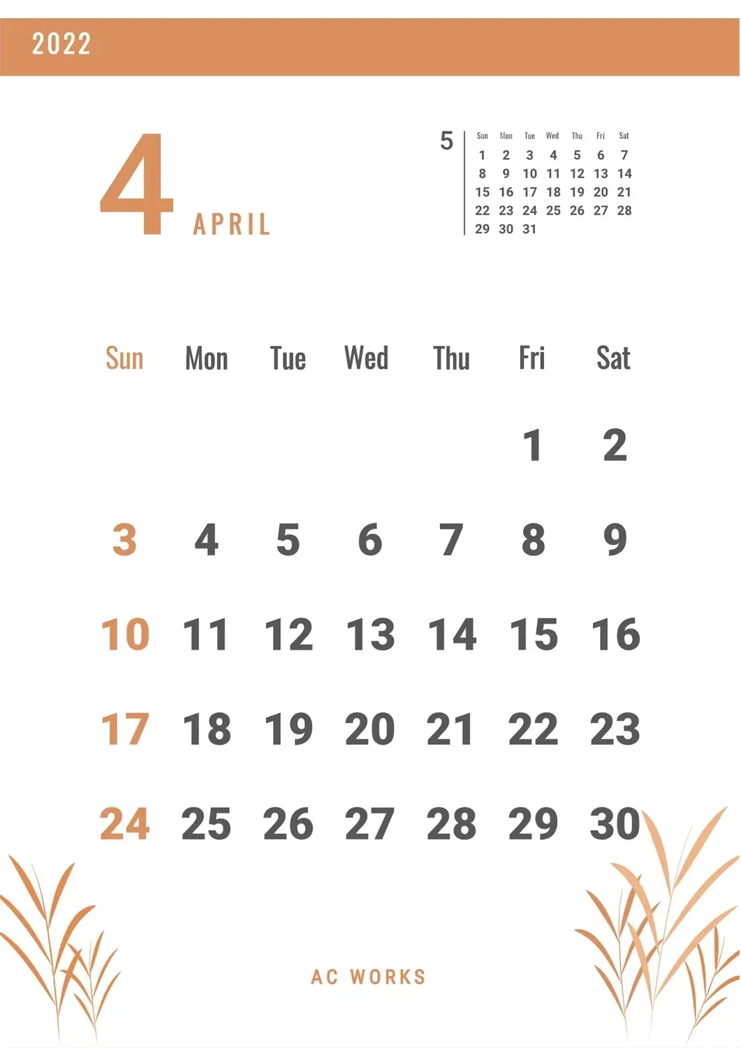 植物イラストカレンダー, 2022年, 4月, 縦, カレンダーテンプレート