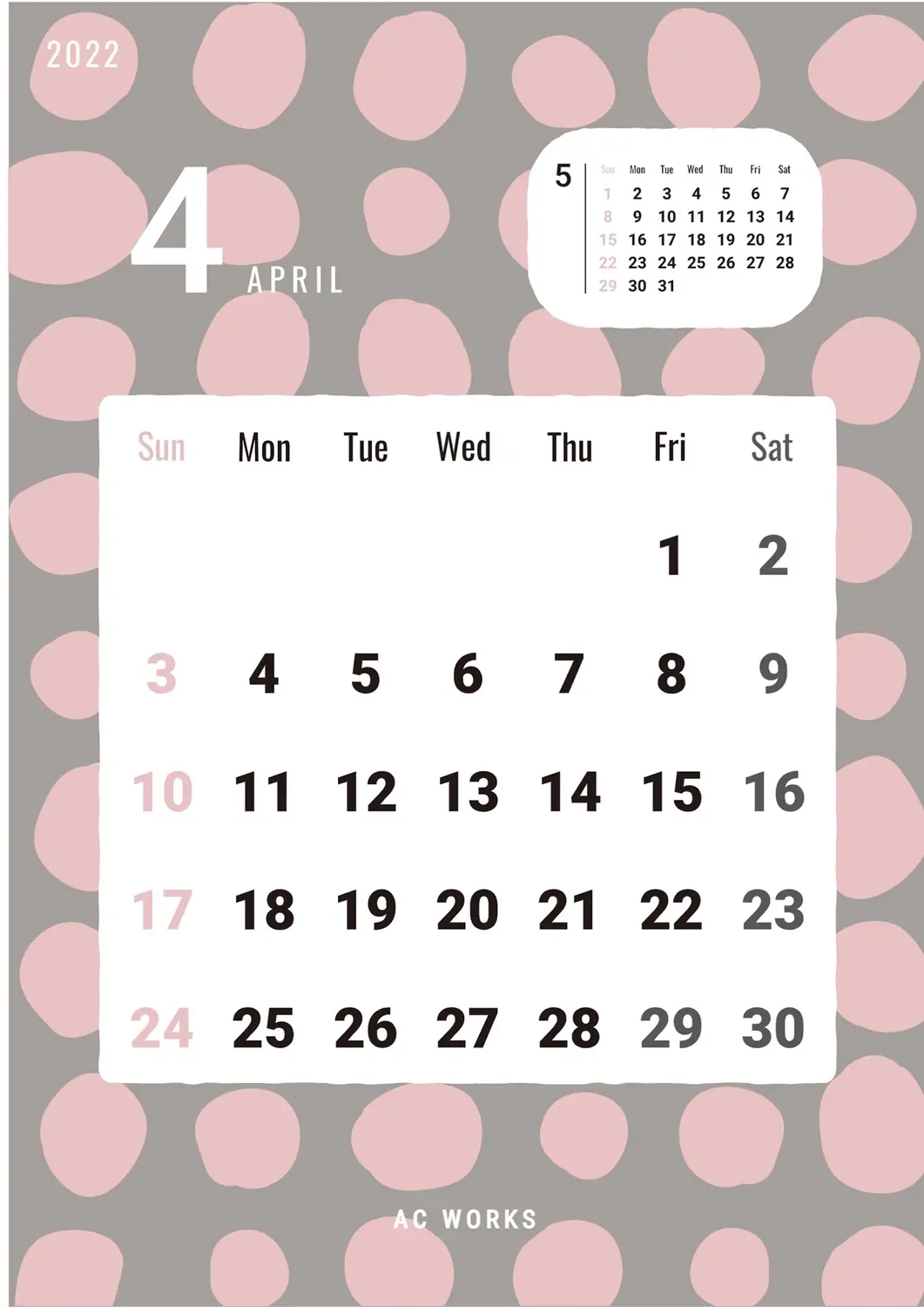手描きドット柄カレンダー, グレー, ピンク, くすみカラー, カレンダーテンプレート