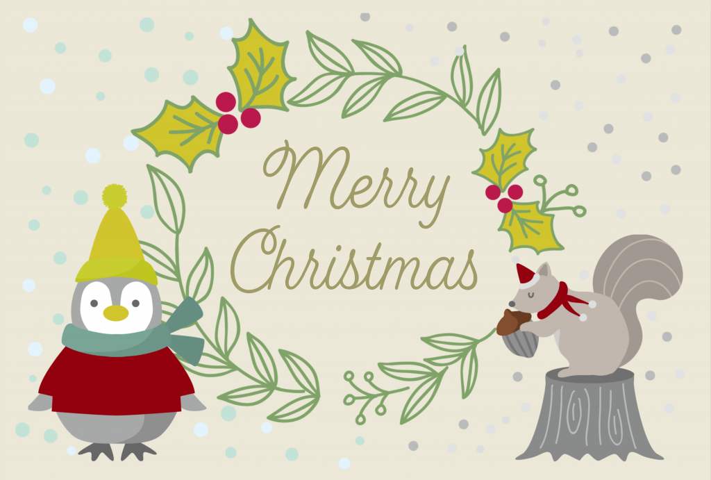 ペンギンとリスが描かれた北欧風クリスマスメッセージカード