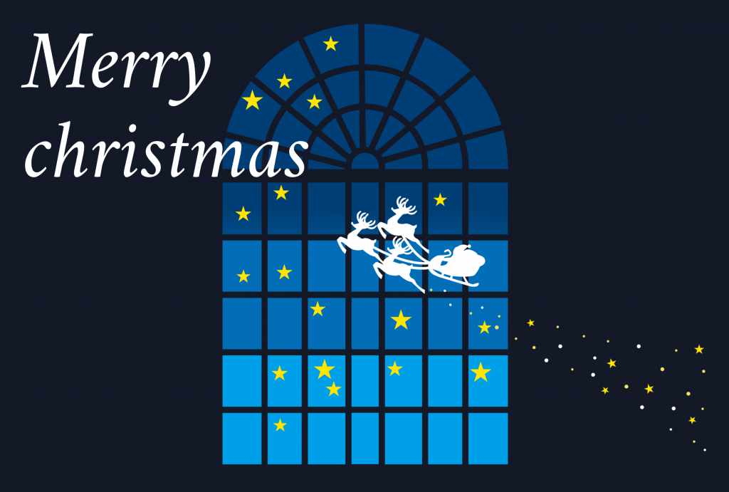 夜空をサンタクロースのそりのシルエットが写るクリスマスメッセージカード