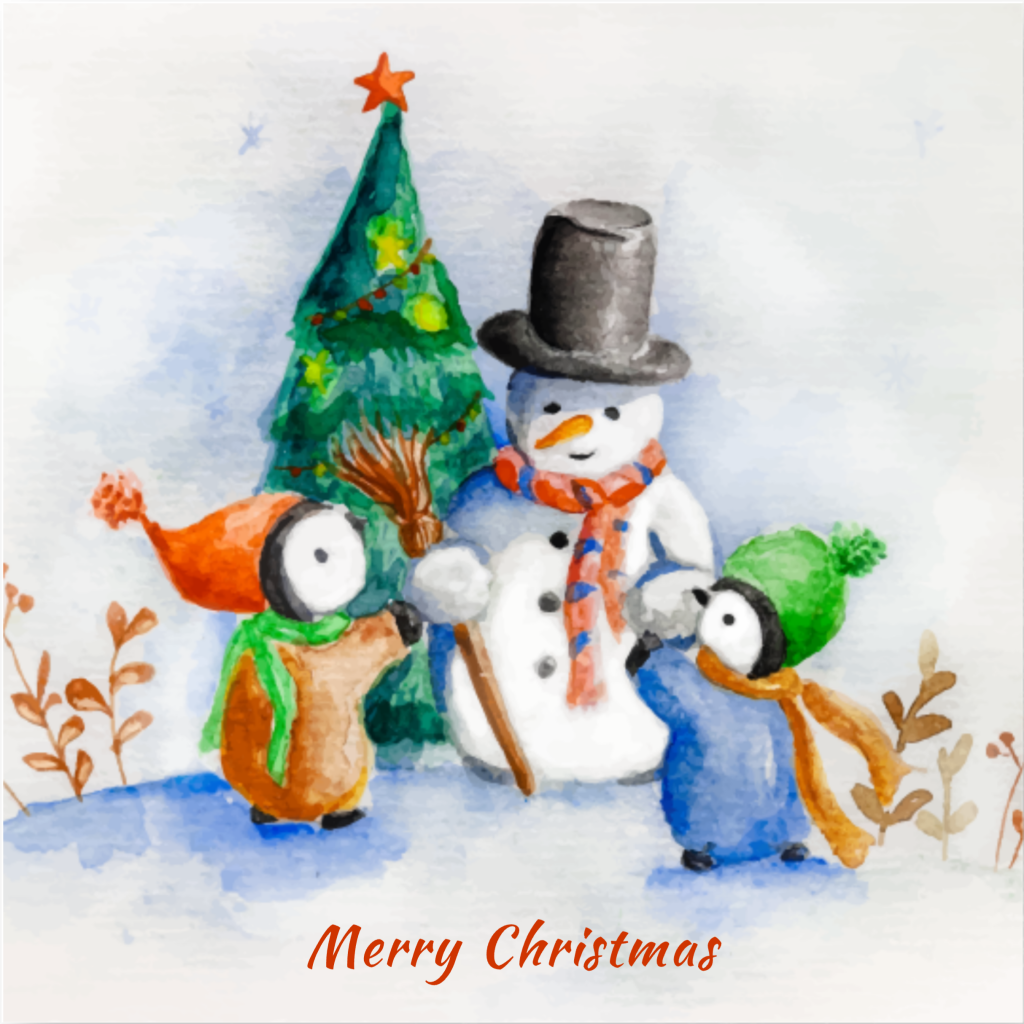 クリスマスグリーティングカード　水彩画　ぺんぎんと雪だるま