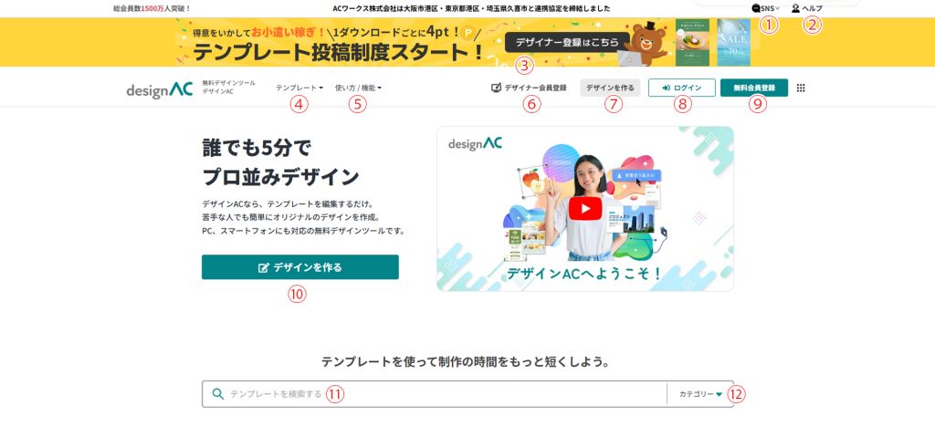 デザインAC無料テンプレート 各メニュー・ツールの使い方 編集画面